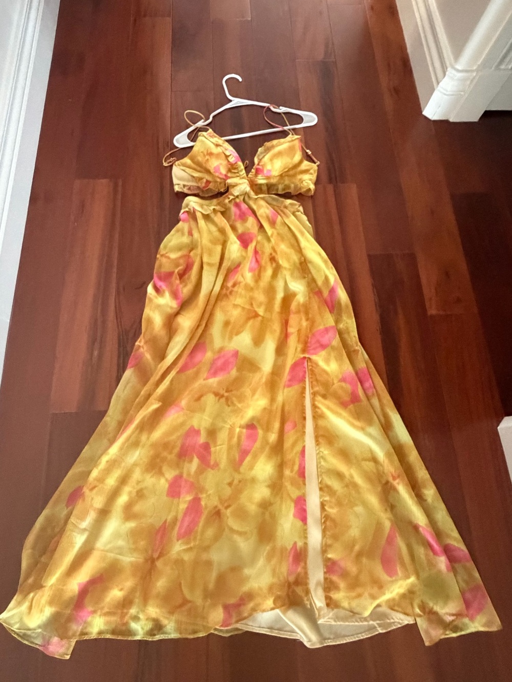 Hello Molly Yellow Satin Dress with Pink Polka Accents